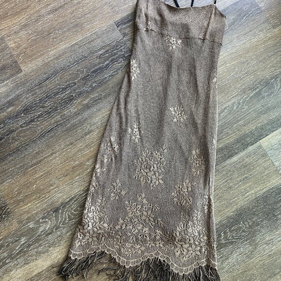 Betsey Johnson Evening Gold Metallic Floral Size M Fringe Dress - Picture 4 of 10